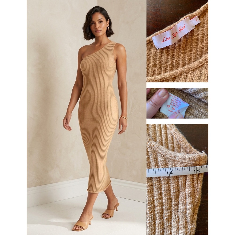 Lisa Says Gah One Shoulder Ribbed Midi Dress Tan Brown Small